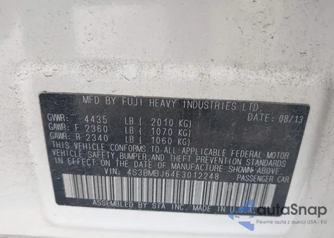 2014 Subaru Legacy 2.5I Sport z USA, uszkodzony, nr VIN 4S3BMBJ64E3012248